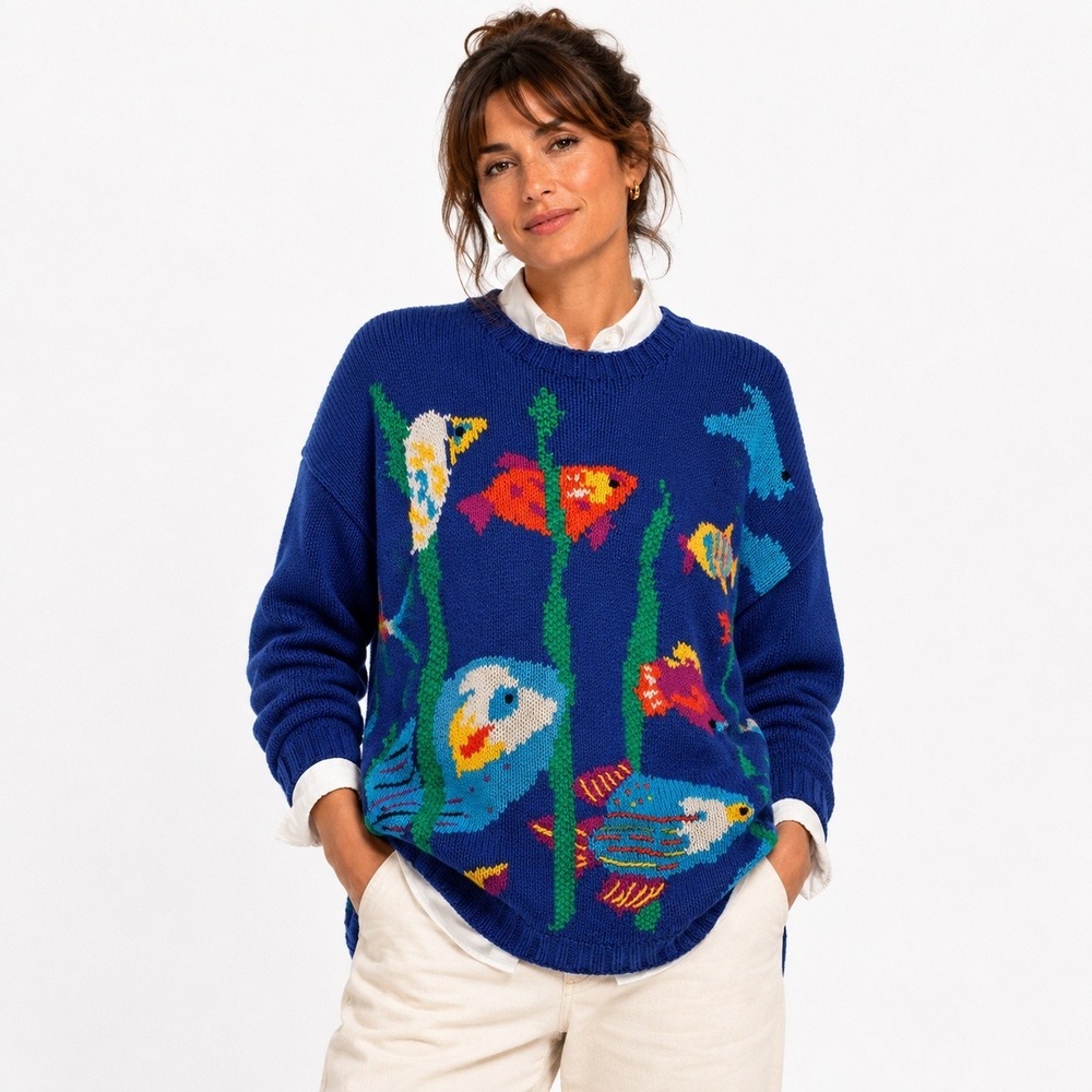 Graham & Gunn Fish Hand Knit Linen Sweater S/M Blue Coastal Novelty Vintage 90s